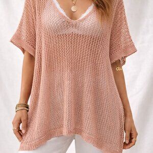 Fishnet Open Knit Top S Oversized Sheer Mesh Boho Festival Fairycore Pastel Pink